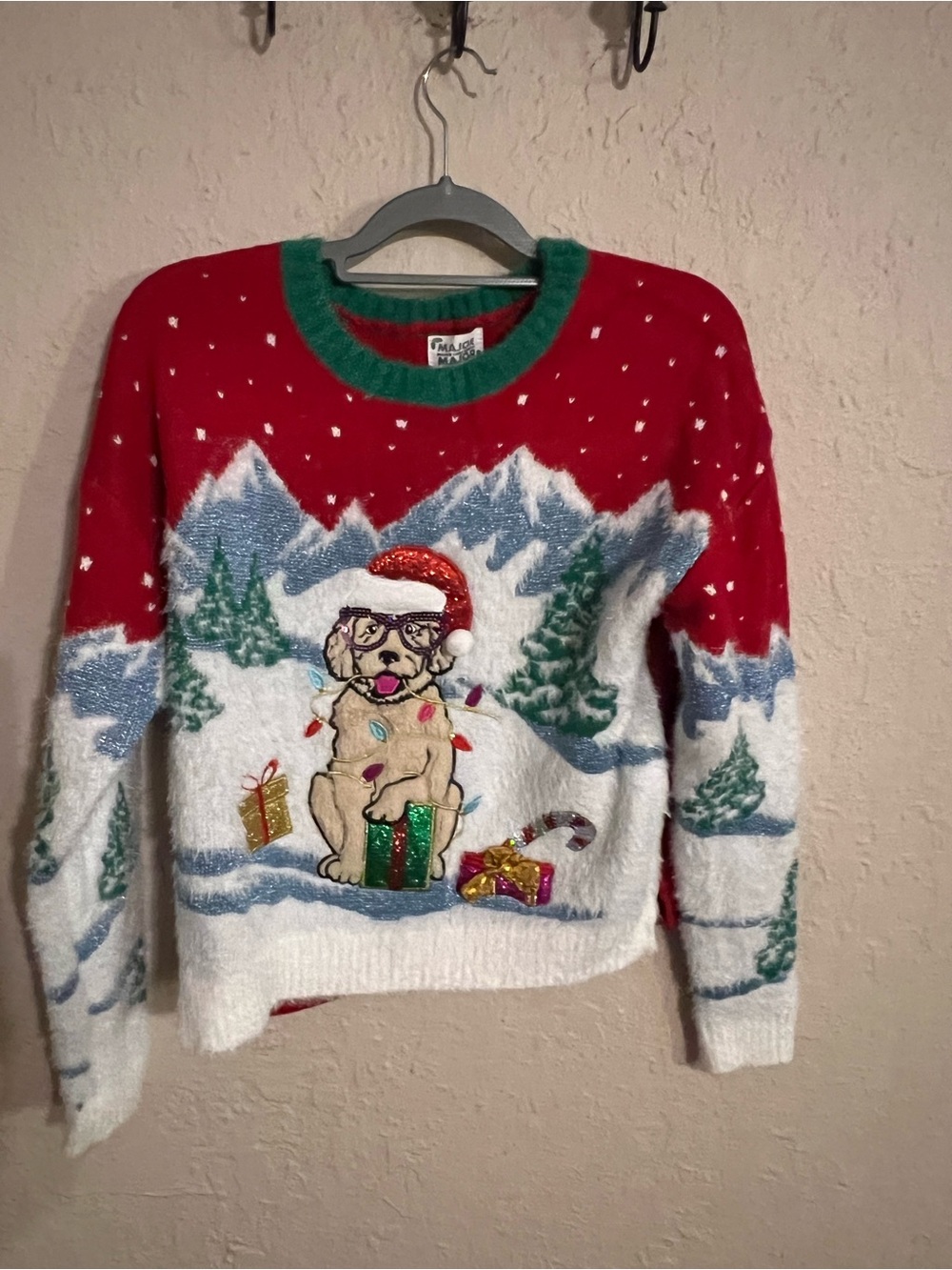 Women's Red & White Holiday Sweater with Festive Dog Major